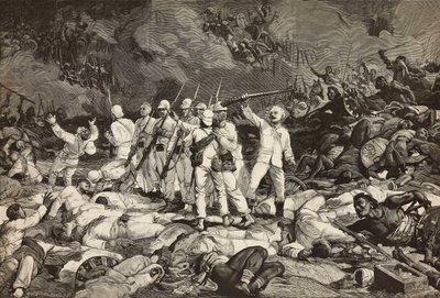 Schlacht von Dogali, letzte Überlebende präsentieren Waffen, salutieren den Gefallenen, Eritreischer Krieg, Gravur von Ernesto Mancastroppa und Cantagalli nach einer Zeichnung und Komposition von Ludovico Pogliaghi, aus L