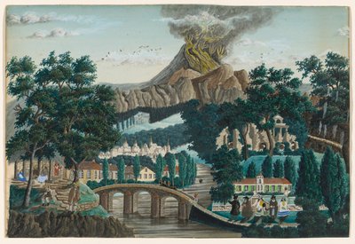 Landschaft mit ausbrechendem Vulkan, Brücke und Hochzeitsgesellschaft von Ernst Damitz