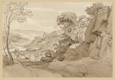 Blick auf das Schloss in Heidelberg, vorn ein Felshang von Ernst Fries