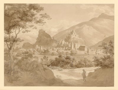Blick auf eine kleine befestigte Stadt und zwei Burgen in Gebirgslandschaft, vorn ein Maler von Ernst Fries