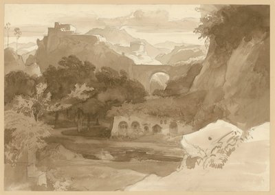 Felsige Gebirgslandschaft mit Viadukt. Motiv aus den Sabinerbergen von Ernst Fries