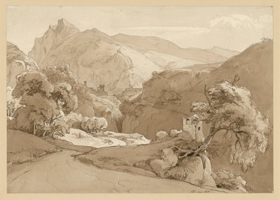 Italienische Gebirgslandschaft, im Mittelgrund Ruine eines Rundtempels von Ernst Fries