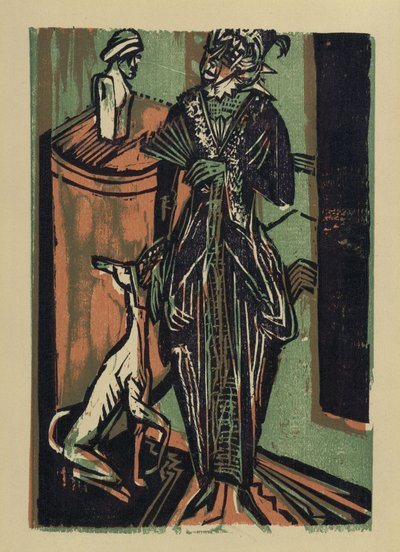 Dame mit Hund. aus: Katalog der Ausstellung von Kleidern aus der Stickstube von Frau Eucken in Bremen von Ernst Ludwig Kirchner
