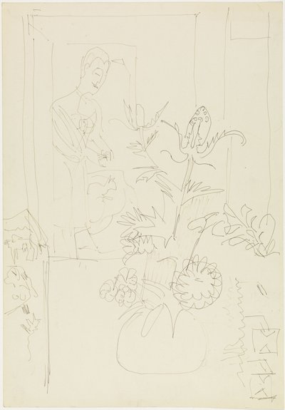 Interieur mit Blumenvase, Frau und Katze von Ernst Ludwig Kirchner