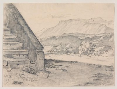 Aussicht mit einer Treppe links und rechts Blick auf eine Berglandschaft von Ernst Meyer