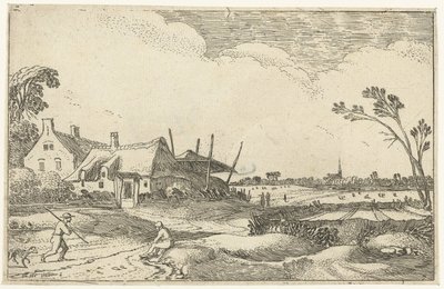 Bauernhof an einem Weg und Aussicht über Felder von Esaias van de Velde