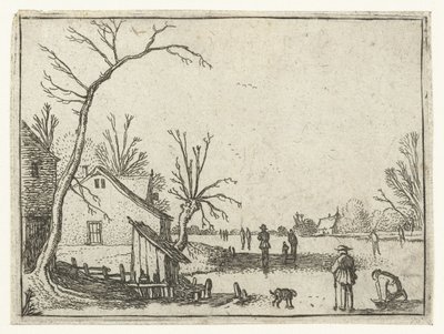 Bauernhof bei gefrorenem Fluss und Schlittschuhläufer auf dem Eis von Esaias van de Velde
