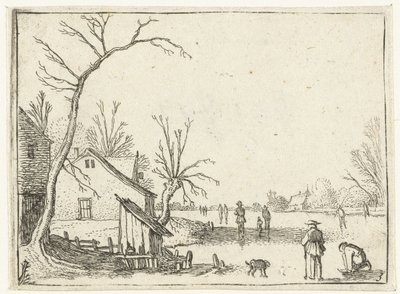 Bauernhof bei gefrorenem Fluss und Schlittschuhläufer auf dem Eis von Esaias van de Velde