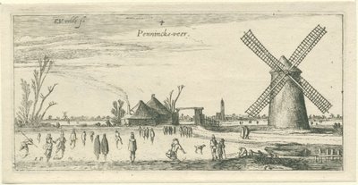 Schlittschuhläufer auf dem Eis bei einer Mühle in der Nähe von Penningsveer von Esaias van de Velde
