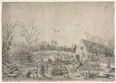 Die große Flut vom 10. Januar 1624 (oder Reparatur des gebrochenen Deichs am Fluss Lek bei Vianen, 1624) von Esaias van de Velde