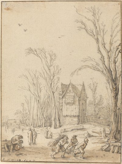 Dorfbewohner beim Schlittschuhlaufen auf einem zugefrorenen Teich von Esaias van de Velde