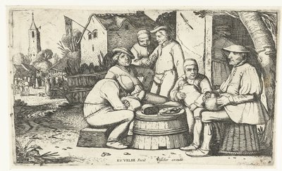 Sechs Bauern sitzen um ein Fass bei einem Gasthaus von Esaias van de Velde