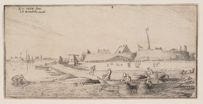 Fischer in Ruderbooten vor einer ummauerten Stadt, aus Landschaften von Esaias van den Velde I