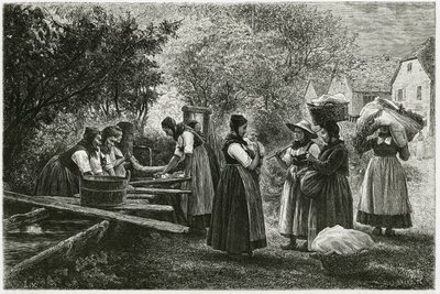 Eine Wäscherei in Metzeral, Frauen in traditionellen Taltrachten versammeln sich am Dorfbrunnen von Etienne Antoine Eugene Ronjat