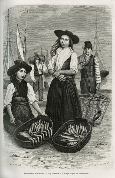 Fischhändler, die traditionelle Frauenkleidung tragen: kurzer Rock und plissiert, Mieder mit Silberknöpfen, bedeckt mit einem breiten schwarzen Filzhut. Gravur von E. Ronjat, zur Illustration der Geschichte Eine Woche in Lissabon von Jules Leclercq, veröff von Etienne Antoine Eugene Ronjat