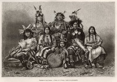 Indische Krieger und ihre Frauen (Texas). Gravur nach der Zeichnung von E. Ronjat, zur Illustration der Geschichte „La conquete blanche“, von William Hepworth Dixon, 1875, veröffentlicht in „Le tour du monde“ 1876, herausgegeben von Edouard Charton, Hachet von Etienne Antoine Eugene Ronjat