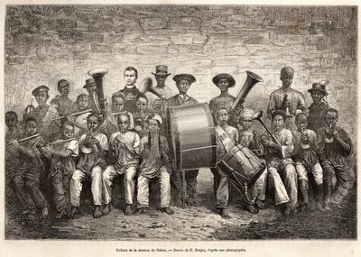 Die Band der Kinder der Gabon-Mission. Gravur nach der Zeichnung von E. Ronjat, um die Kreuzfahrt an der Küste Afrikas zu illustrieren, von Vizeadmiral Fleuriot de Langle, im Jahr 1868, veröffentlicht in „Le tour du monde“ 1876, herausgegeben von Edouard C von Etienne Antoine Eugene Ronjat