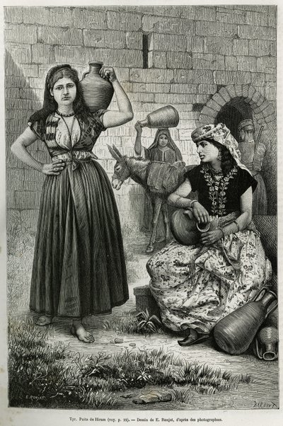 Frauen tragen Krüge, in der Nähe des Brunnens von Hiram in Tyrus. Gravur von E. Ronjat, um die Geschichte La Syrie d