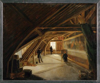 Ansicht der Dachböden eines Museums mit einem Kopisten bei der Arbeit von Etienne Bouhot