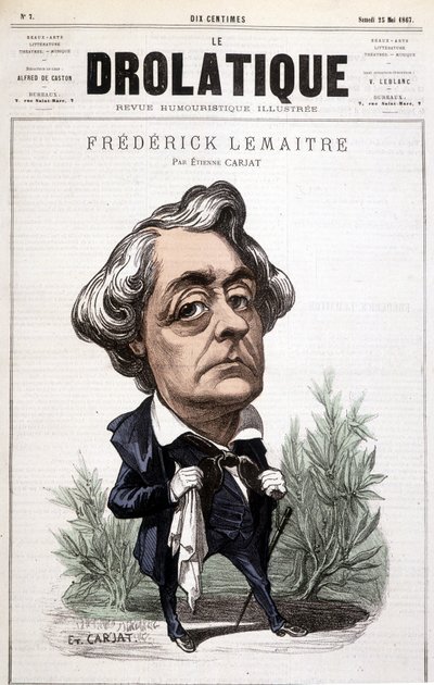 Der Drolatic, Frédérick Lemaitre, berühmter Schauspieler für seine dramatischen Rollen, nahe bei Victor Hugo. Karikatur von Carjat von Etienne Carjat