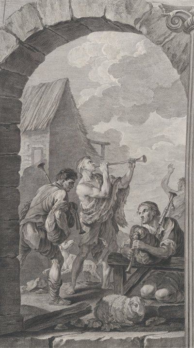 Die Kapelle der Enfants-Trouvés in Paris: Gruppe der Hirten: Trompetenspieler und m..., 1754 von Etienne Fessard