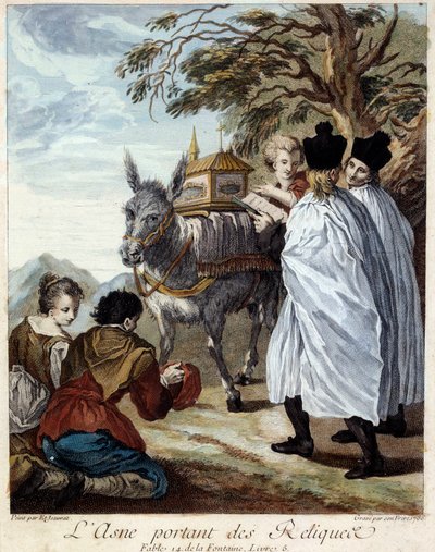 Der Esel trägt Reliquien. Illustration zur Fabel von Jean de La Fontaine. Gemälde von Etienne Jeaurat (1699-1789) von Étienne Jeaurat