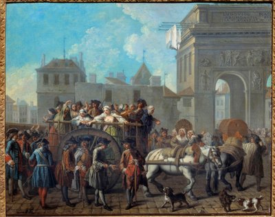 Die Führung der Freudenmädchen in die Salpetriere, der Durchgang durch die Tore von Saint Bernard Das heutige Salpetriere-Krankenhaus war ursprünglich ein Gefängnis und ein Hospiz für Frauen. Gemälde von Etienne Jeaurat (1699-1789) 1757 Paris, Musée Car von Étienne Jeaurat