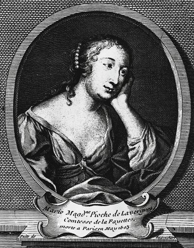 Medallion-Porträt von Marie-Madeleine Pioche de La Vergne, Comtesse de La Fayette (1634-1693), französische Schriftstellerin, Gravur von Etienne Jehandier Desrochers (1668-1741) von Etienne Jehandier Desrochers
