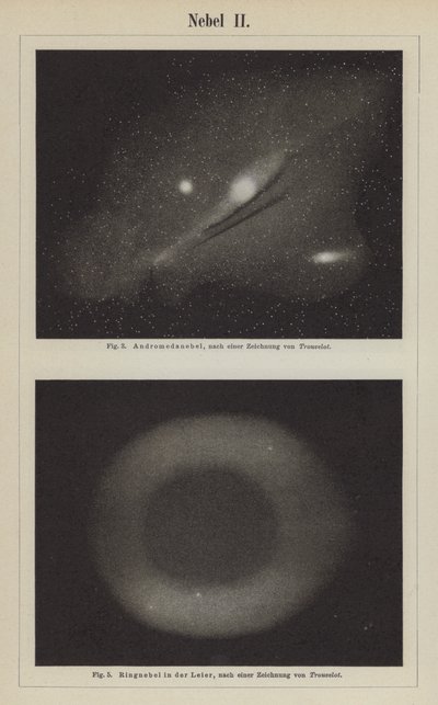 Ansichten des Andromedanebels und des Ringnebels im Sternbild Lyra (Gravur) von Étienne Léopold Trouvelot