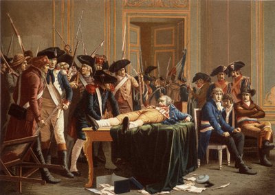 Der Morgen des 10. Thermidor Jahr II; Maximilien de Robespierre, mit gebrochenem Kiefer, auf einem Tisch ausgebreitet von Etienne Lucien (after) Melingue