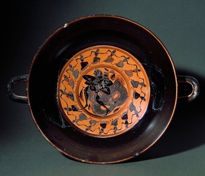 Etruskische Antike: Terrakottabecher, der den Kampf zwischen Herakles und dem Meeresmonster Triton darstellt. Aus Tarquinia. 550 v. Chr. Tarquinia, Museo Archeologico von Etruscan