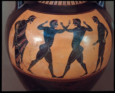 Etruskische Zivilisation: Terrakotta-Amphore dekoriert mit einer Boxszene, Detail 550-500 v. Chr. aus dem Grab des Kriegers in Vulci, Italien von Etruscan