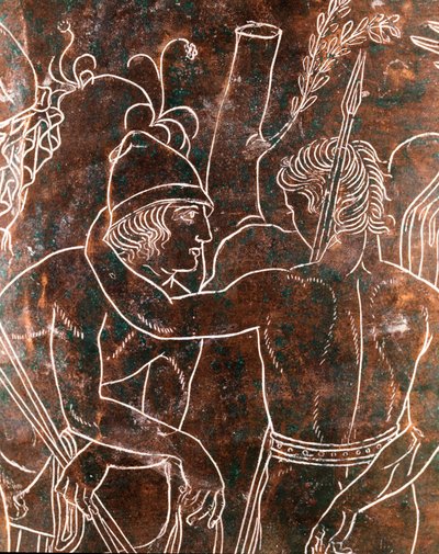 Etruskische Kunst: Detail des bronzenen Ficoroni-Cistus, das die Legende der Argonauten darstellt. Aus Preneste (Palestrina). 340 v. Chr. Museo Nazionale di Villa Giulia, Rom von Etruscan