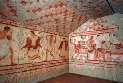 Etruskische Kunst: Fresken, die Bankettszenen darstellen. Grab des Tricliniums. 5. Jahrhundert v. Chr. Nationales Archäologisches Museum von Tarquinia, Italien von Etruscan