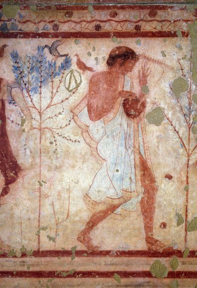 Etruskische Kunst: Fresken, die Bankettszenen darstellen, Detail eines Leierspielers. Grab des Trikliniums. 5. Jahrhundert v. Chr. Nationales Archäologisches Museum von Tarquinia, Italien von Etruscan