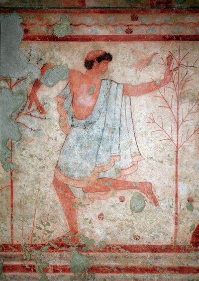 Etruskische Kunst: Fresken, die Bankettszenen darstellen, Detail eines Tänzers. Grab des Trikliniums. 5. Jahrhundert v. Chr. Nationales Archäologisches Museum von Tarquinia, Italien von Etruscan