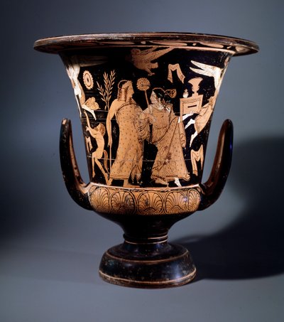 Etruskische Zivilisation: Terrakotta-Kraterdekor des Malers von Nazzano, der Apollo und eine Mänade darstellt, 350 v. Chr. Dim 57 cm, Vom Fundort Civita Castellana von Etruscan