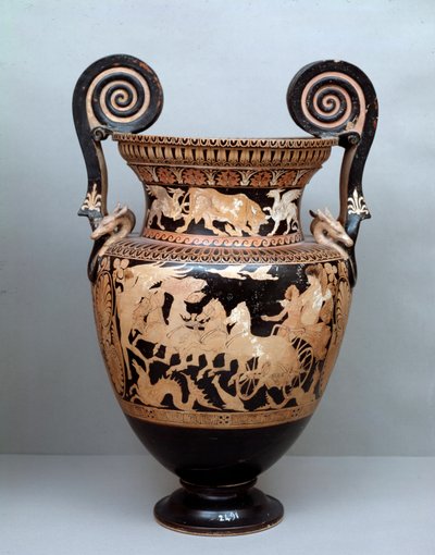 Etruskische Zivilisation: Terrakotta-Krater mit Voluten, der Aurora auf ihrem Wagen darstellt, 360-340 v. Chr., aus Cerveteri, Italien von Etruscan