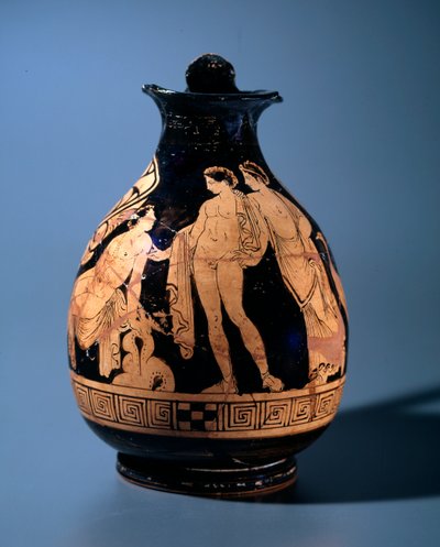 Etruskische Zivilisation: Terrakotta-Oinochoe dekoriert von der Werkstatt des Malers von Alcesti, die einen jungen Mann zeigt, der mit zwei anderen stehenden Personen spricht, 360-340 v. Chr. aus Tarquinia, Italien von Etruscan