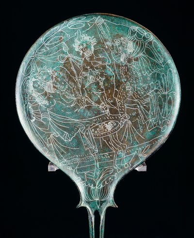 Spiegel, der eine Bankettszene darstellt, Bronze-Artefakt aus Preneste (Latium). Etruskische Zivilisation, 4. Jahrhundert v. Chr. von Etruscan