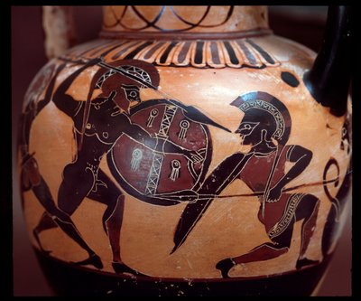 Terrakotta-Amphora mit Darstellung eines Duells zwischen zwei Soldaten, 520-500 v. Chr. von Etruscan