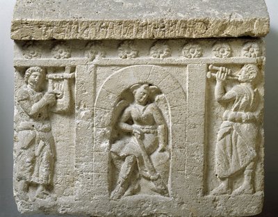 Etruskische Kunst: „Die Lasa, Todesgenius am Eingang zur Hölle“ Flachrelief einer Urne aus Chiusi. 3. oder 2. Jahrhundert v. Chr. Palermo, Museo Archeologico Nazionale von Etruscan Etruscan