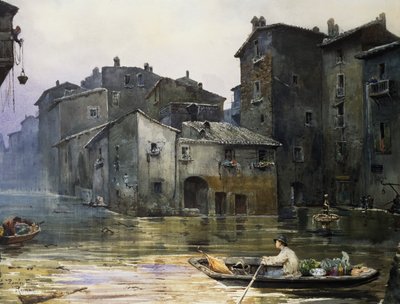 Via della Fiumara überflutet in Rom, von Ettore Roesler Franz (1845-1907), Aquarell, Italien von Ettore Roesler Franz