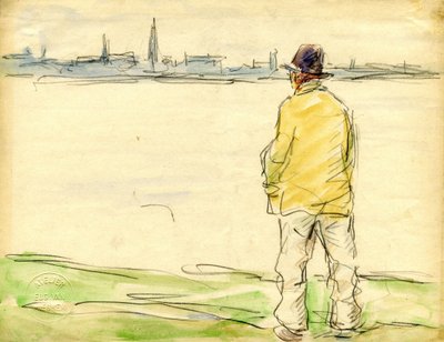 Mann mit Blick auf die Uferpromenade von Antwerpen von Eugeen van Mieghem