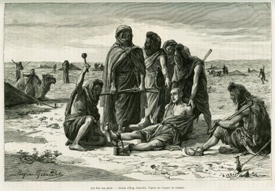 Die Eisen an den Füßen. Gravur von Eugene Girardet zur Illustration der Geschichte „Fünf Monate bei den nomadischen Mauren der westlichen Sahara“ von Camille Douls, veröffentlicht in Le Tour du monde 1888 von Eugene Alexis Girardet