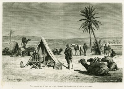 Lager der Reisenden in der Nähe von Tozeur. Gravur von Eugene Girardet zur Illustration der Geschichte „Reise nach Tunesien“ von R. Cagnat und H. Saladin, in Le Tour du monde 1886, herausgegeben von Edouard Charton (1807-1890), Hachette, Paris. von Eugene Alexis Girardet
