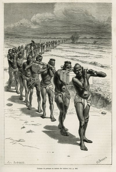 Kolonne von Trägern durch die Reisfelder, zwischen Bassac und Hue, nach einer Zeichnung von Eugene Burnand, zur Illustration der Geschichte über Laos und die wilden Bevölkerungen Indochinas, von Dr. Harmand, 1877, veröffentlicht in der Tour du Monde von Eugene Burnand