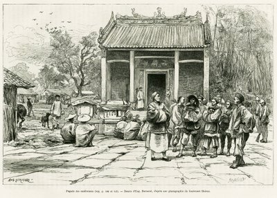 Konferenzpagode, Monkay. Gravur von Eugene Burnand, zur Illustration der Geschichte Sur les frontières du Tonkin, von Doktor P. Neiss, in Le tour du monde 1888, herausgegeben von Edouard Charton (1807-1890), Hachette, Paris. von Eugene Burnand