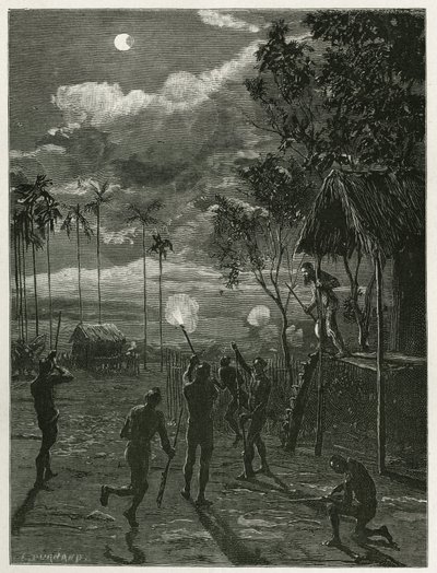 Dr. Harmand wird mitten in der Nacht durch das Geräusch der Gewehre der einheimischen Khas geweckt, die auf den Mond schießen, der einer Mondfinsternis unterliegt, in Attopeu (Laos), Gravur von Eugene Burnand, zur Illustration der Geschichte von Laos und d von Eugene Burnand