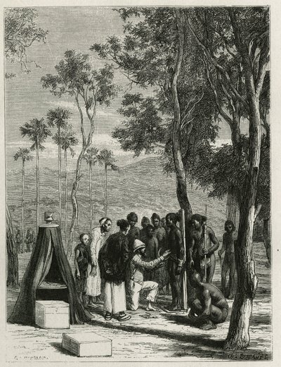 Dr. Harmand führt anthropologische Messungen an den einheimischen Khas in Attopeu (Laos) durch, Gravur von Eugene Burnand, zur Illustration der Geschichte von Laos und den wilden Bevölkerungen Indochinas von Dr. Harmand, 1877, veröffentlicht in der Tour du von Eugene Burnand